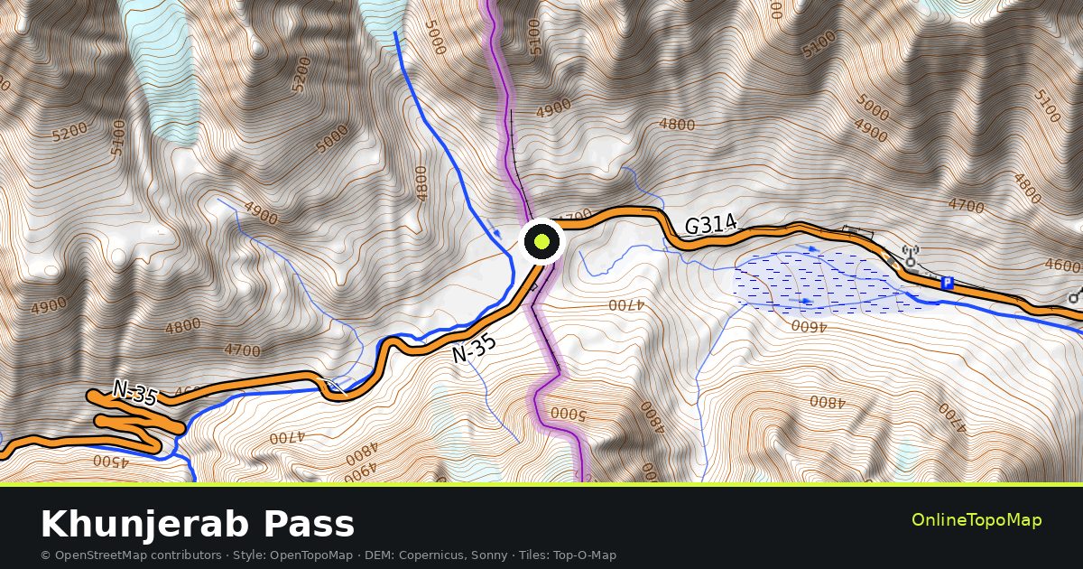 Topographic map of Khunjerab Pass with contour lines and hillshading