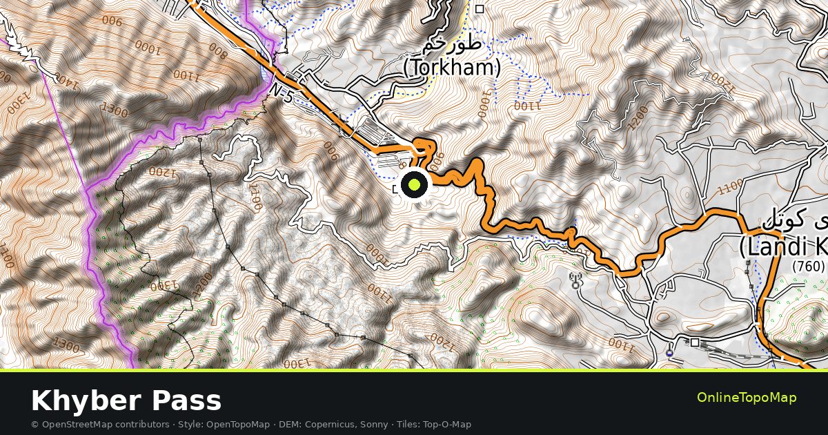 Topographic map of Khyber Pass with contour lines and hillshading