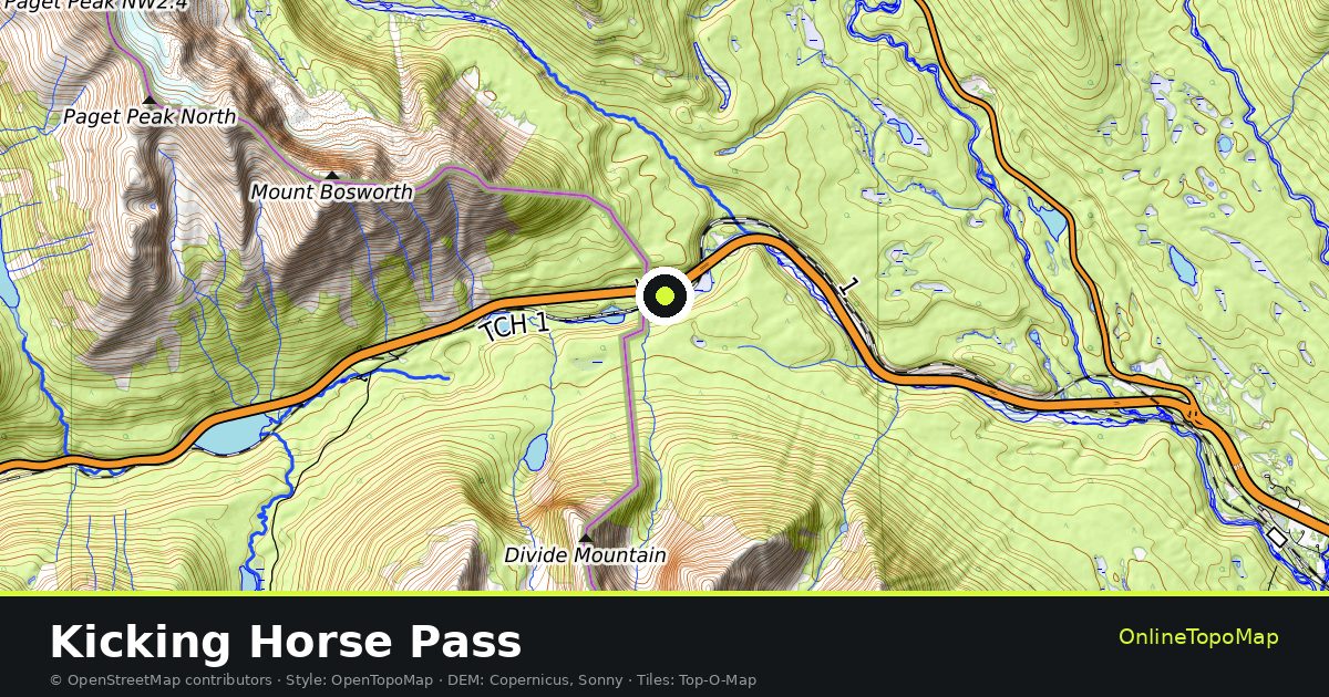 Topographic map of Kicking Horse Pass with contour lines and hillshading