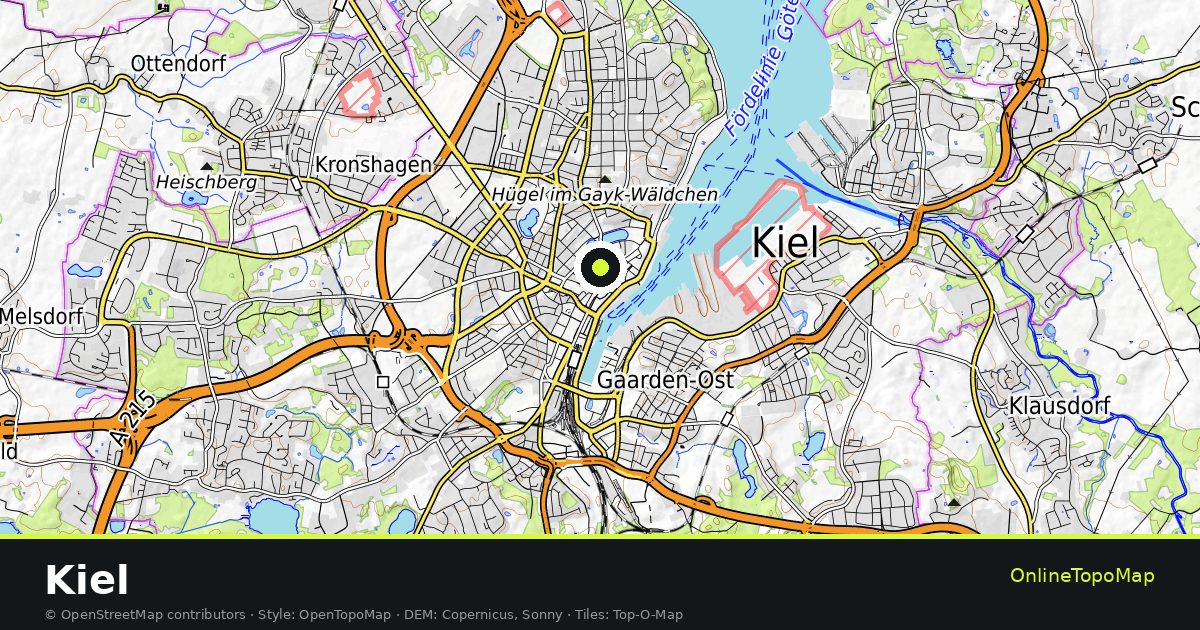 Topographic map of Kiel with contour lines and hillshading
