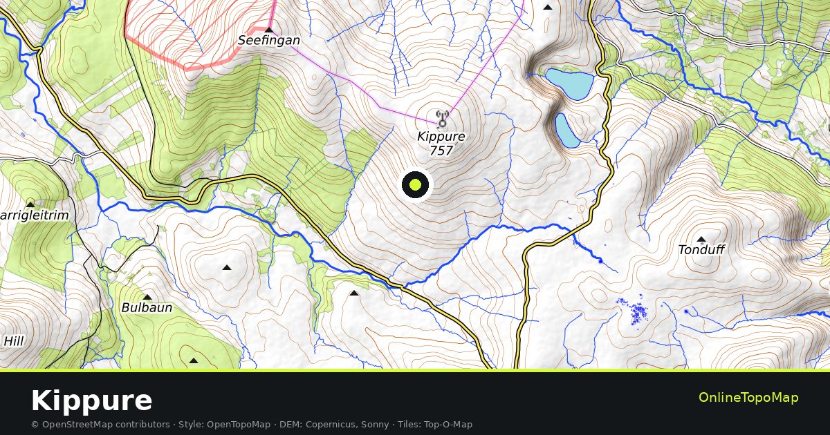 Topographic map of Kippure with contour lines and hillshading