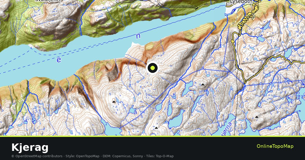 Topographic map of Kjerag with contour lines and hillshading