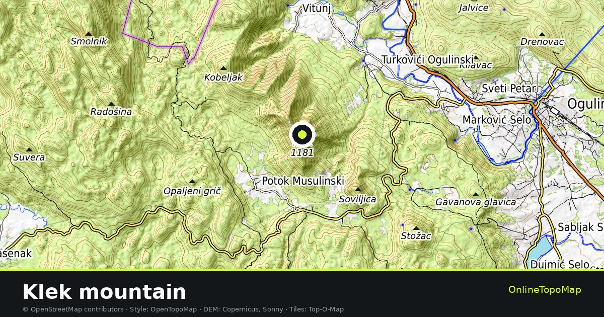 Topographic map of Klek mountain with contour lines and hillshading