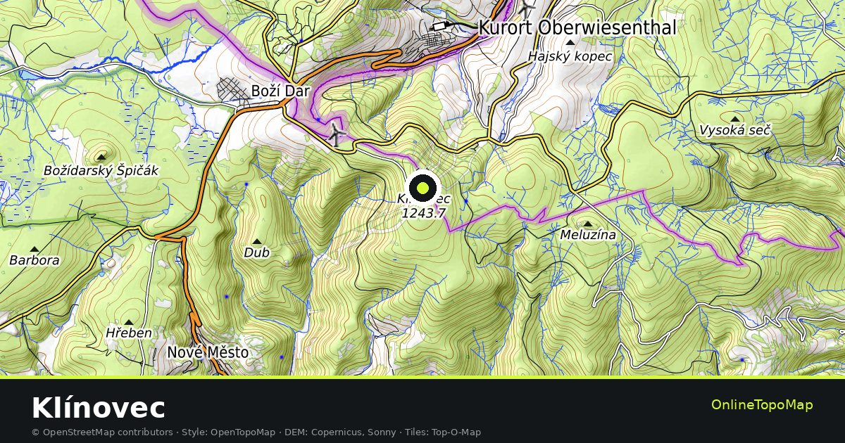 Topographic map of Klínovec with contour lines and hillshading