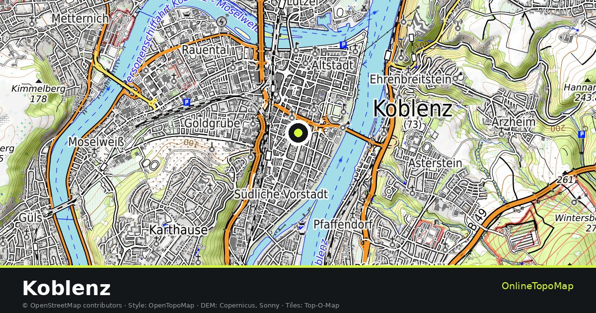 Topographic map of Koblenz with contour lines and hillshading