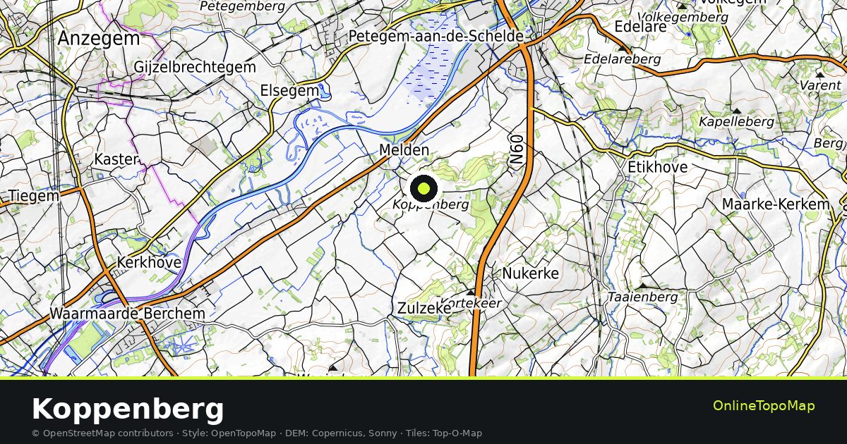 Topographic map of Koppenberg with contour lines and hillshading