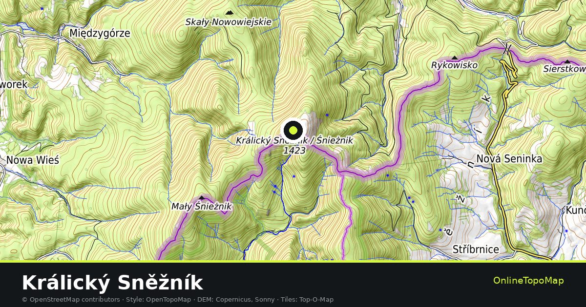 Topographic map of Králický Sněžník with contour lines and hillshading