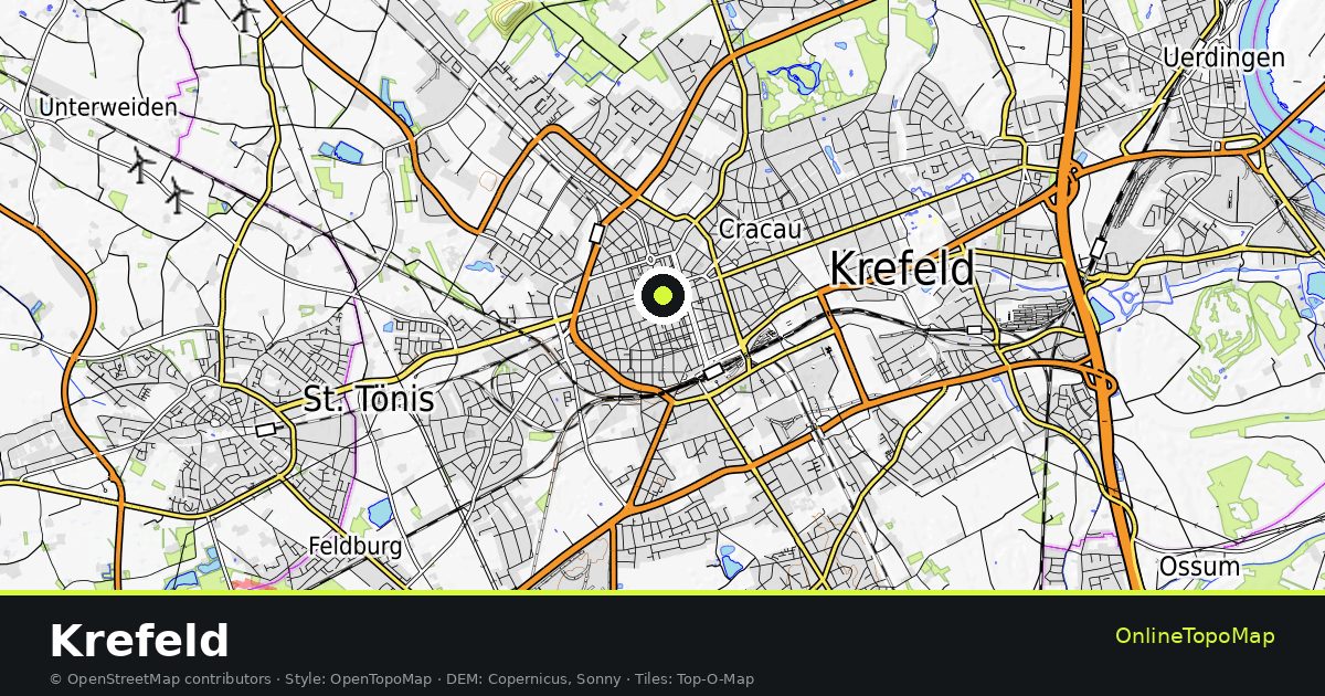 Topographic map of Krefeld with contour lines and hillshading