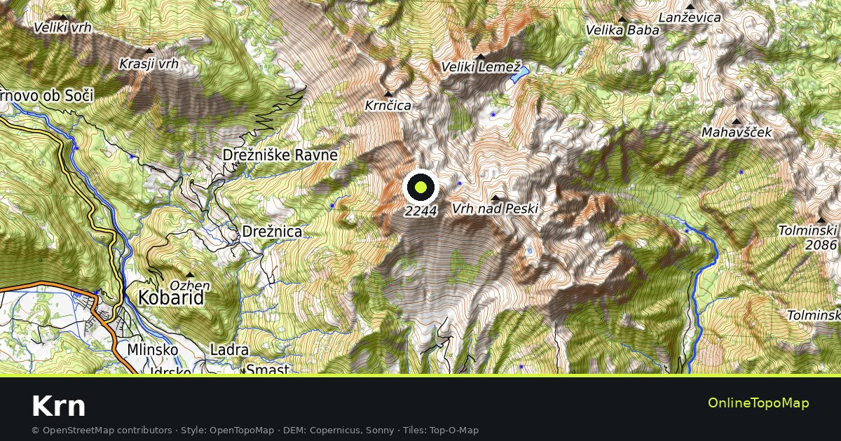 Topographic map of Krn with contour lines and hillshading