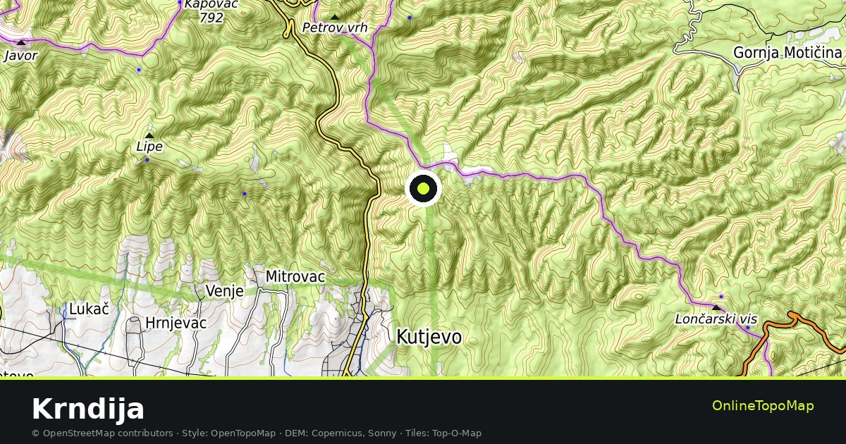 Topographic map of Krndija with contour lines and hillshading