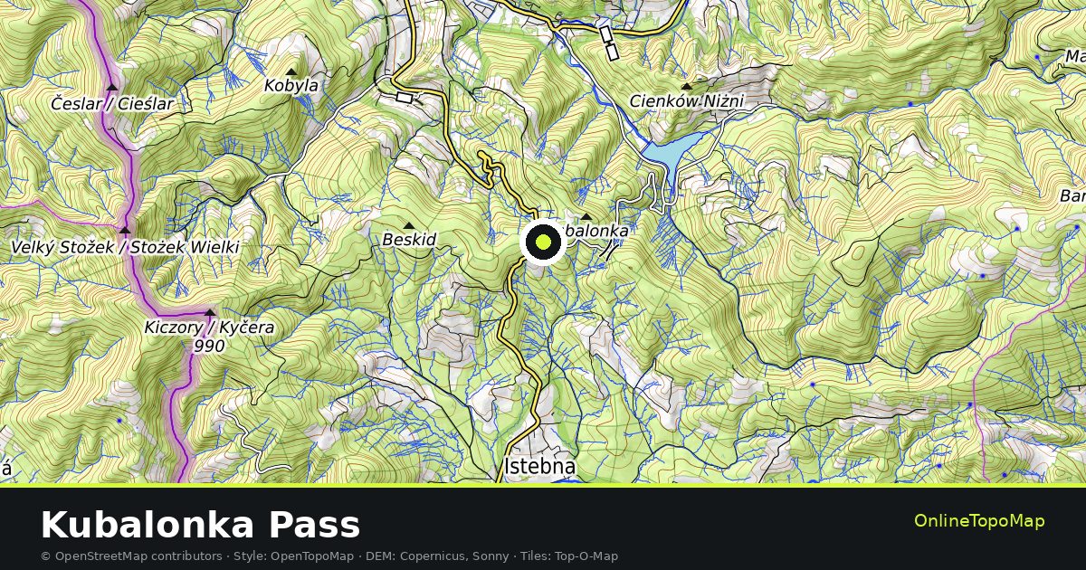 Topographic map of Kubalonka Pass with contour lines and hillshading