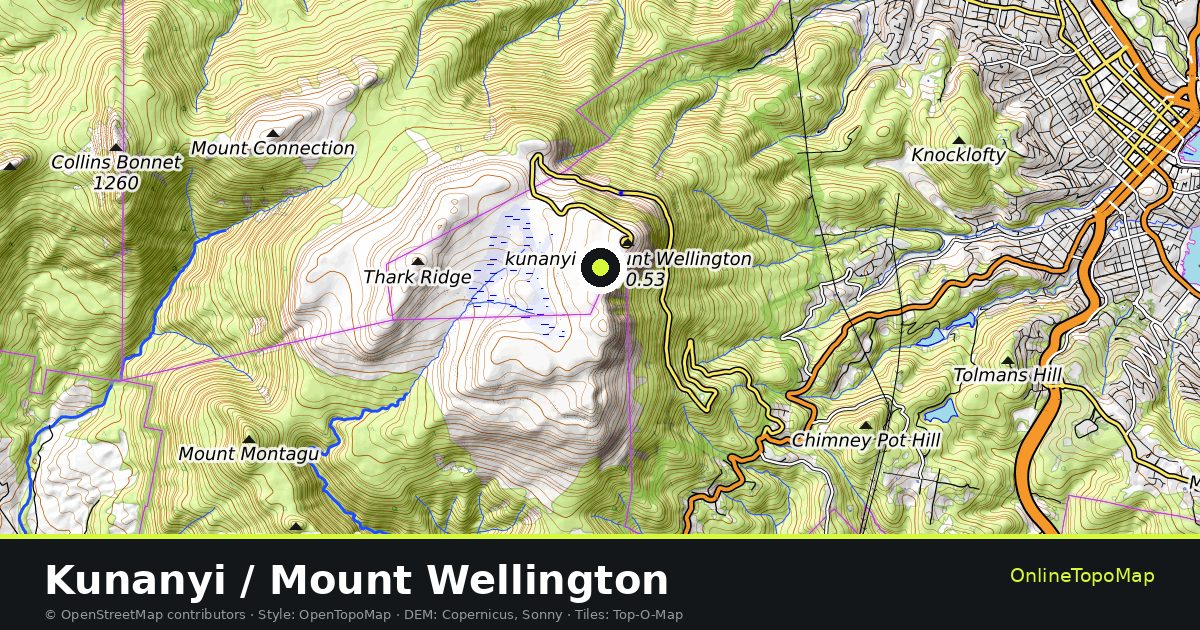 Topographic map of Kunanyi / Mount Wellington with contour lines and hillshading