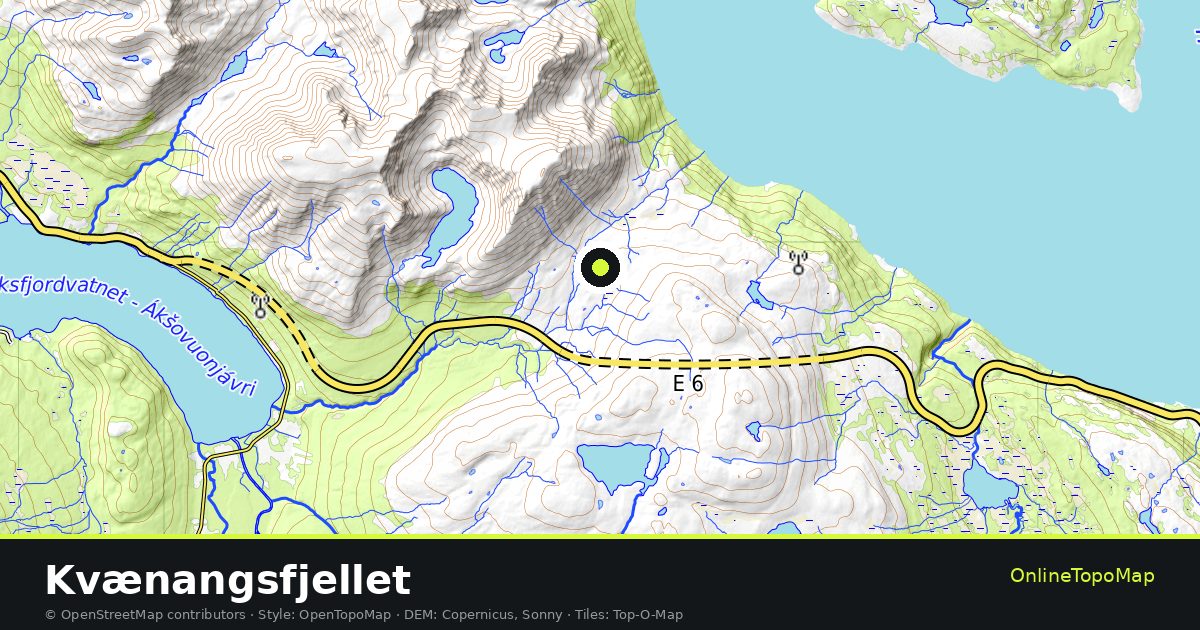Topographic map of Kvænangsfjellet with contour lines and hillshading