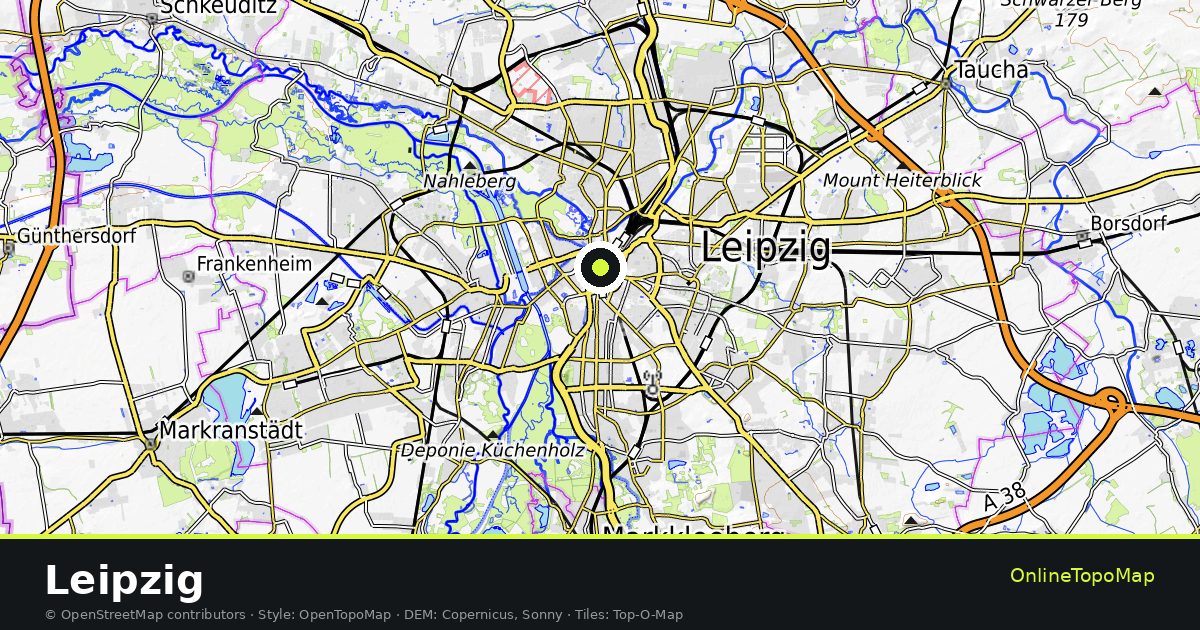 Topographic map of Leipzig with contour lines and hillshading