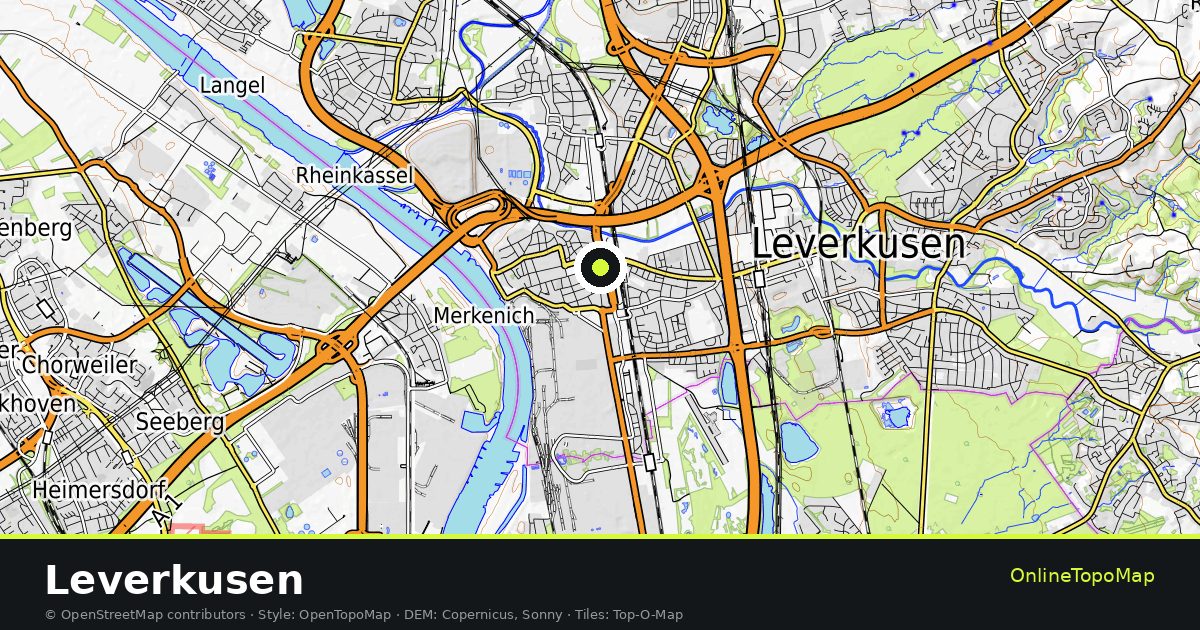 Topographic map of Leverkusen with contour lines and hillshading