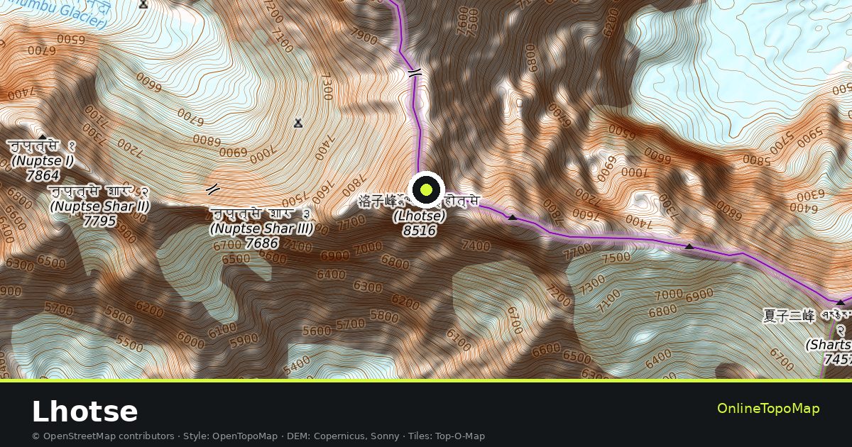 Topographic map of Lhotse with contour lines and hillshading