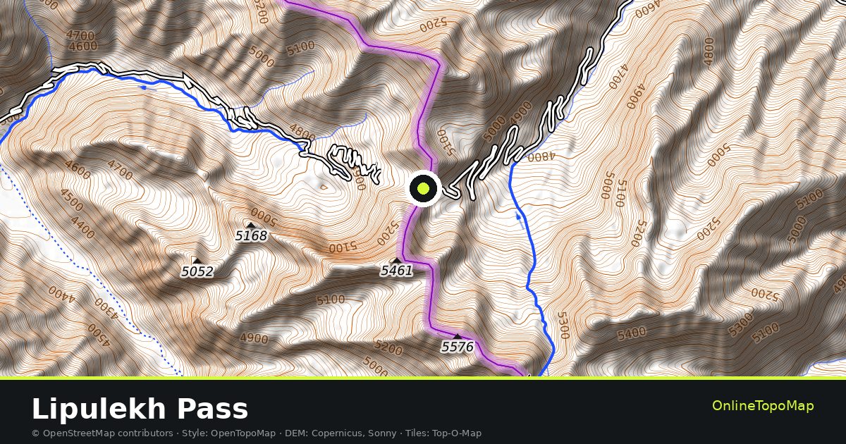 Topographic map of Lipulekh Pass with contour lines and hillshading