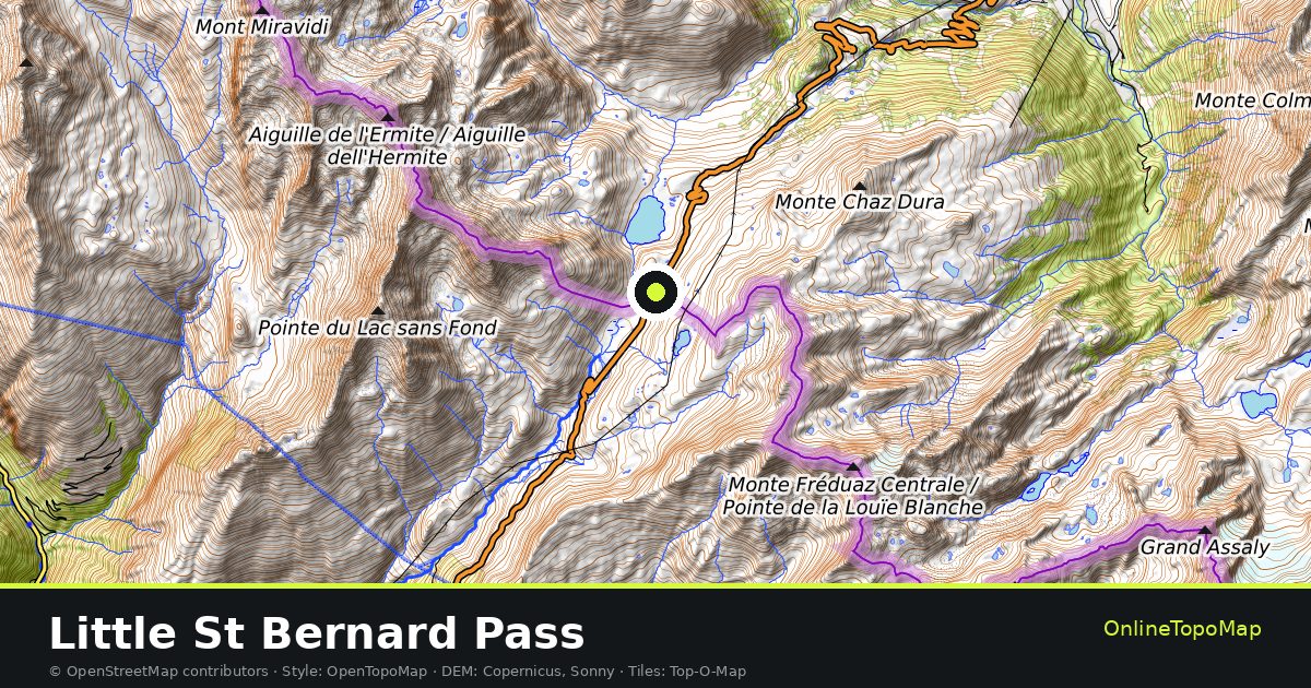 Topographic map of Little St Bernard Pass with contour lines and hillshading