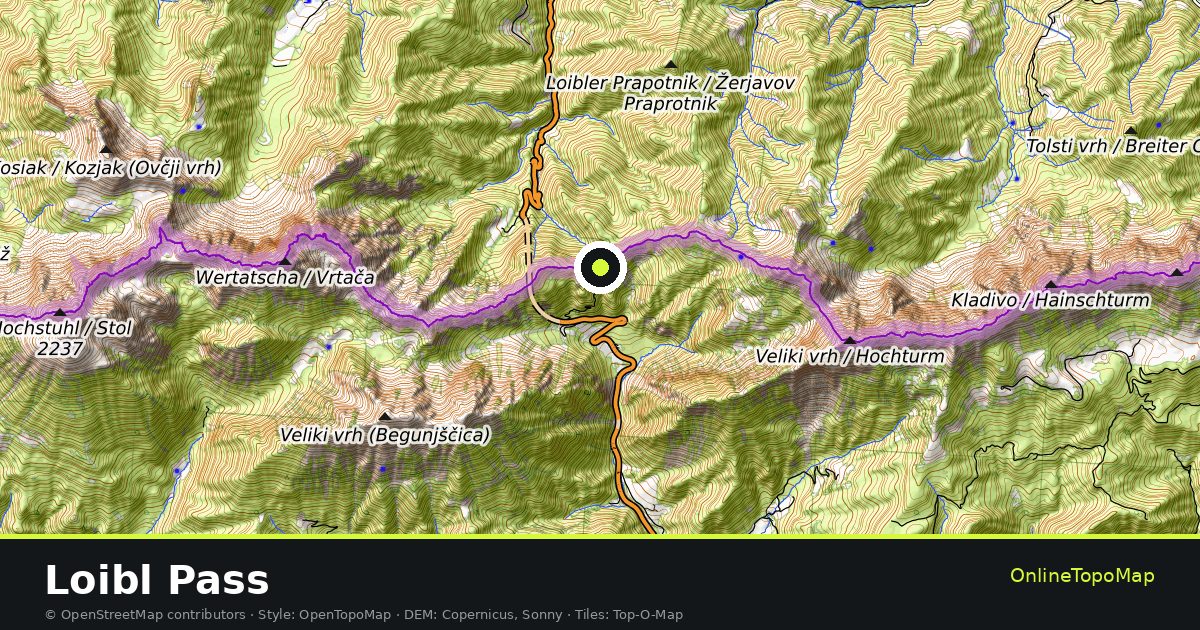 Topographic map of Loibl Pass with contour lines and hillshading