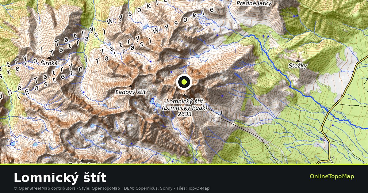 Topographic map of Lomnický štít with contour lines and hillshading
