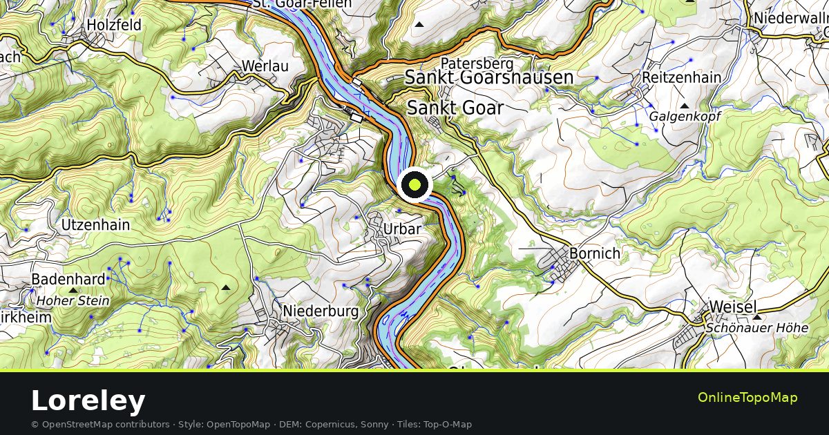 Topographic map of Loreley with contour lines and hillshading