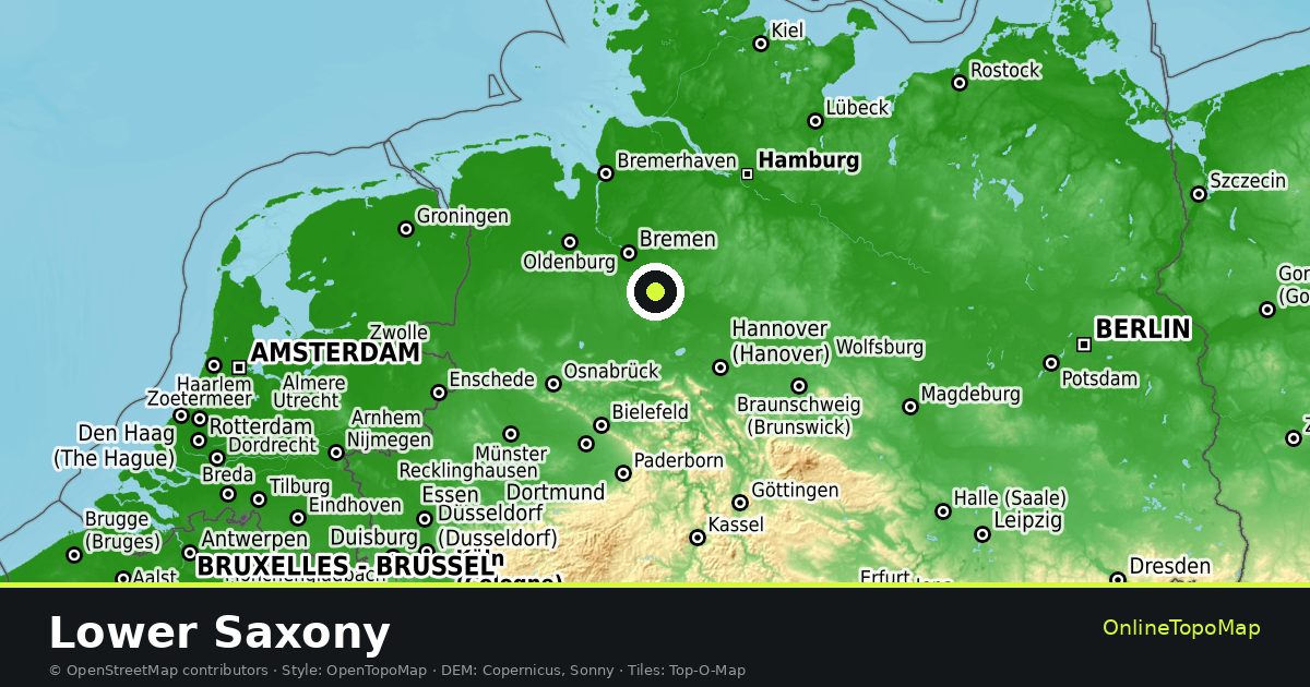 Topographic map of Lower Saxony with contour lines and hillshading