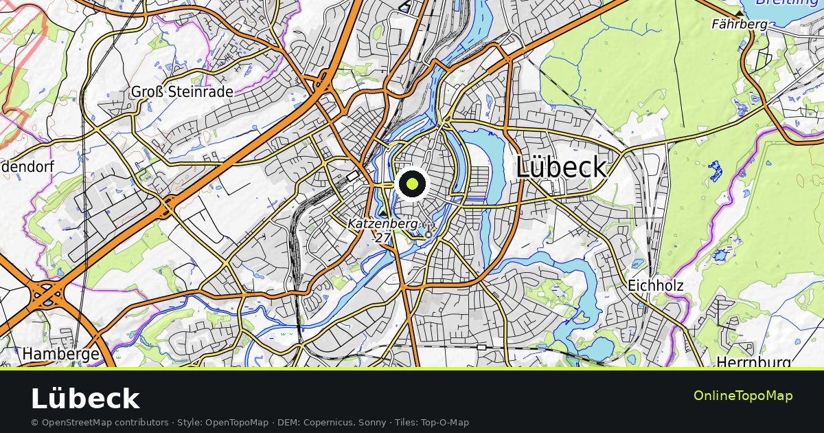 Topographic map of Lübeck with contour lines and hillshading