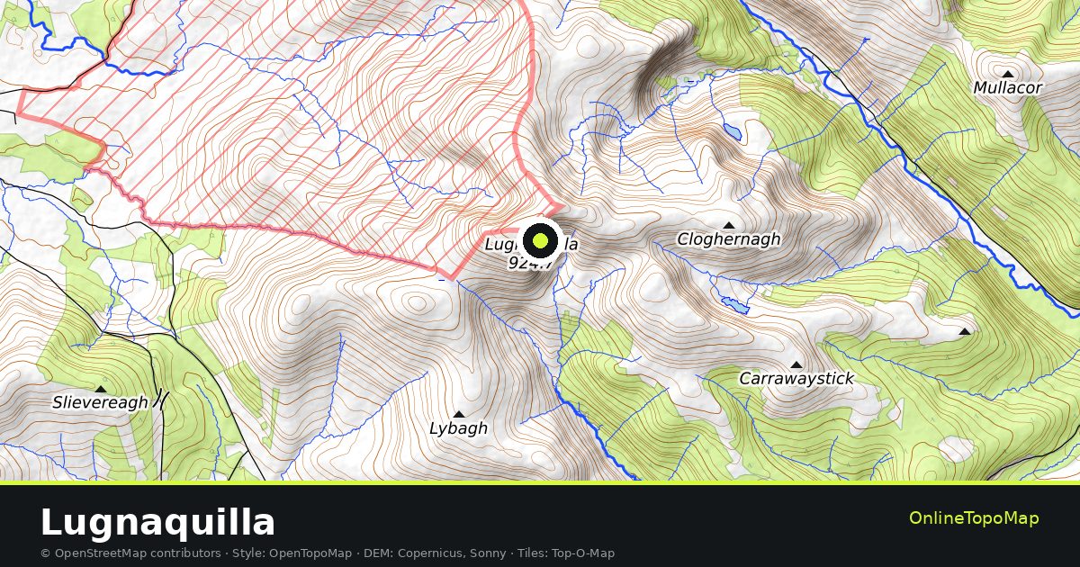 Topographic map of Lugnaquilla with contour lines and hillshading