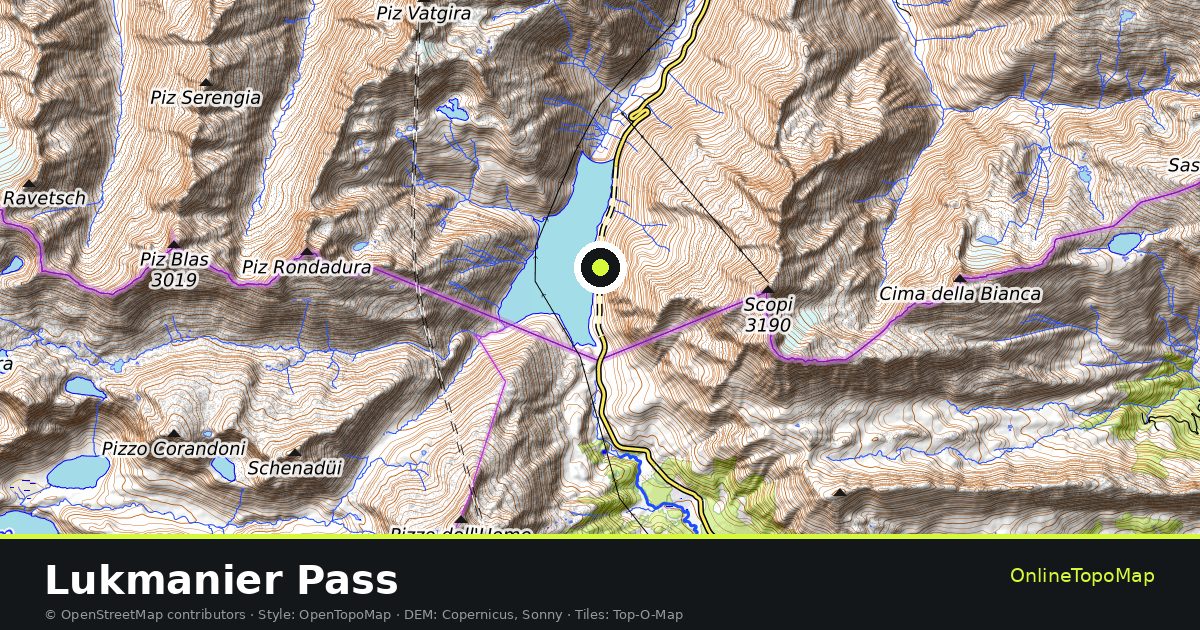 Topographic map of Lukmanier Pass with contour lines and hillshading