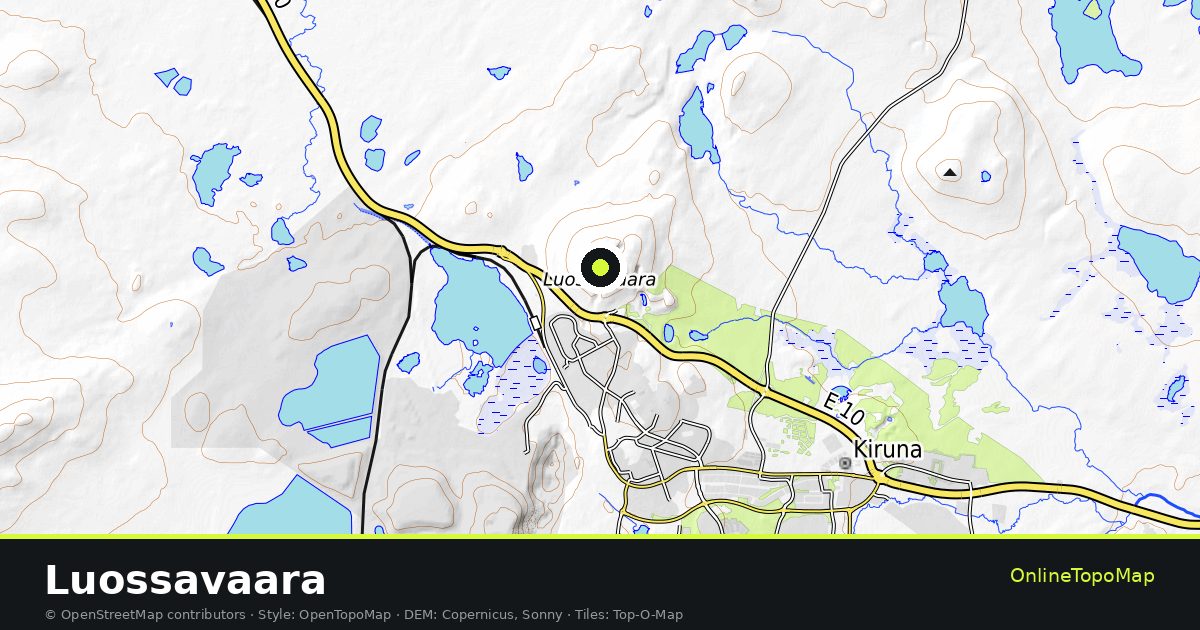 Topographic map of Luossavaara with contour lines and hillshading