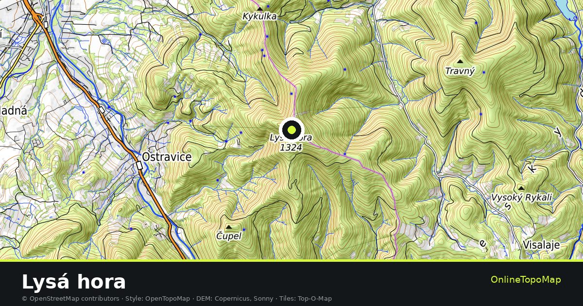 Topographic map of Lysá hora with contour lines and hillshading