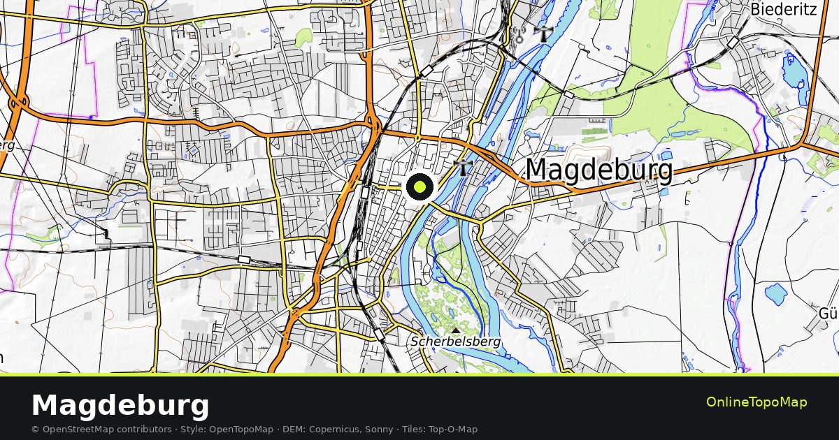 Topographic map of Magdeburg with contour lines and hillshading