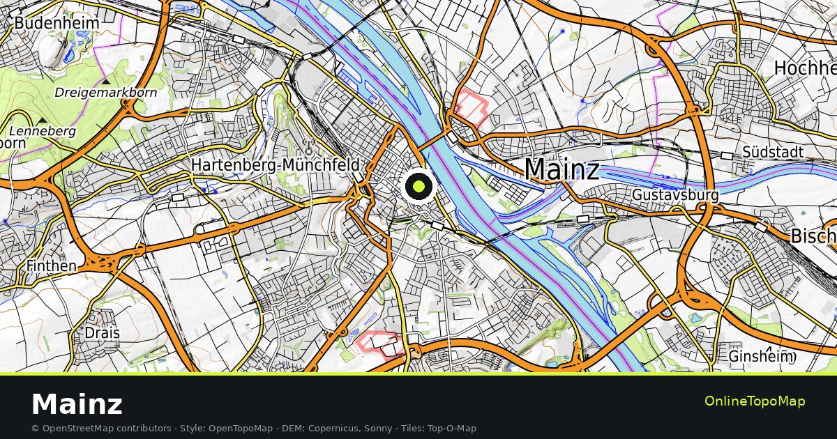 Topographic map of Mainz with contour lines and hillshading