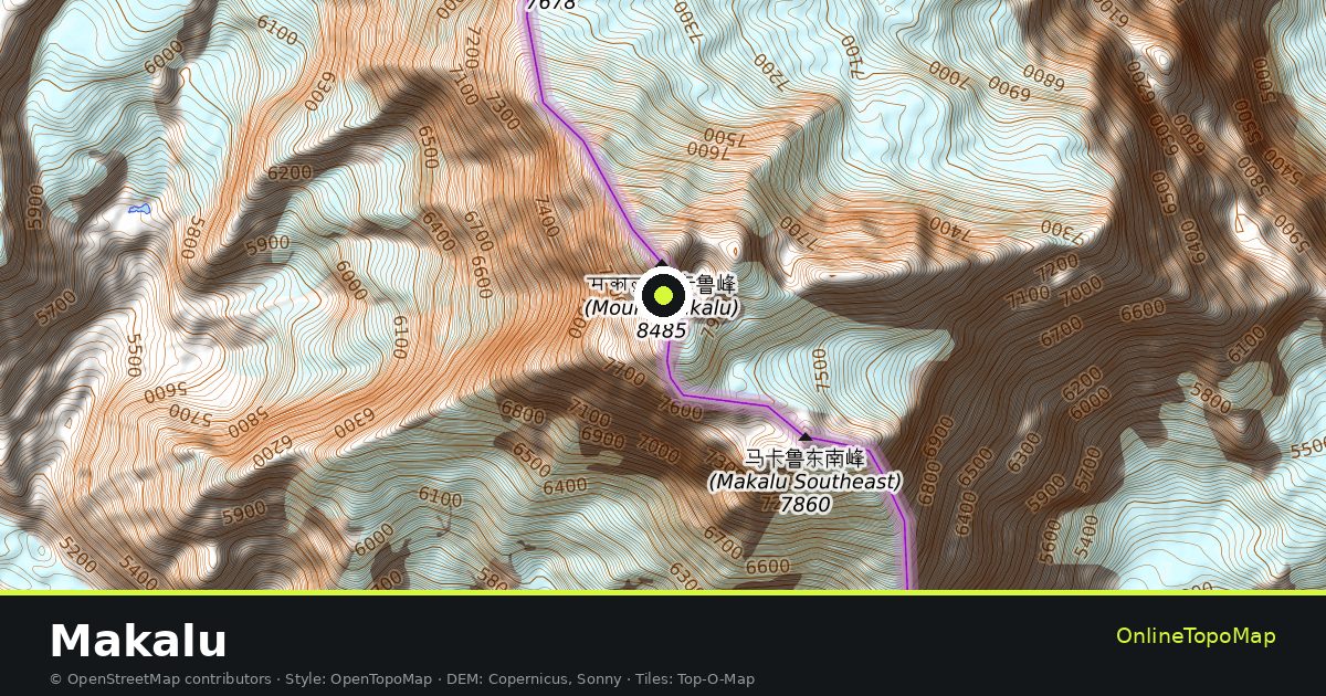 Topographic map of Makalu with contour lines and hillshading