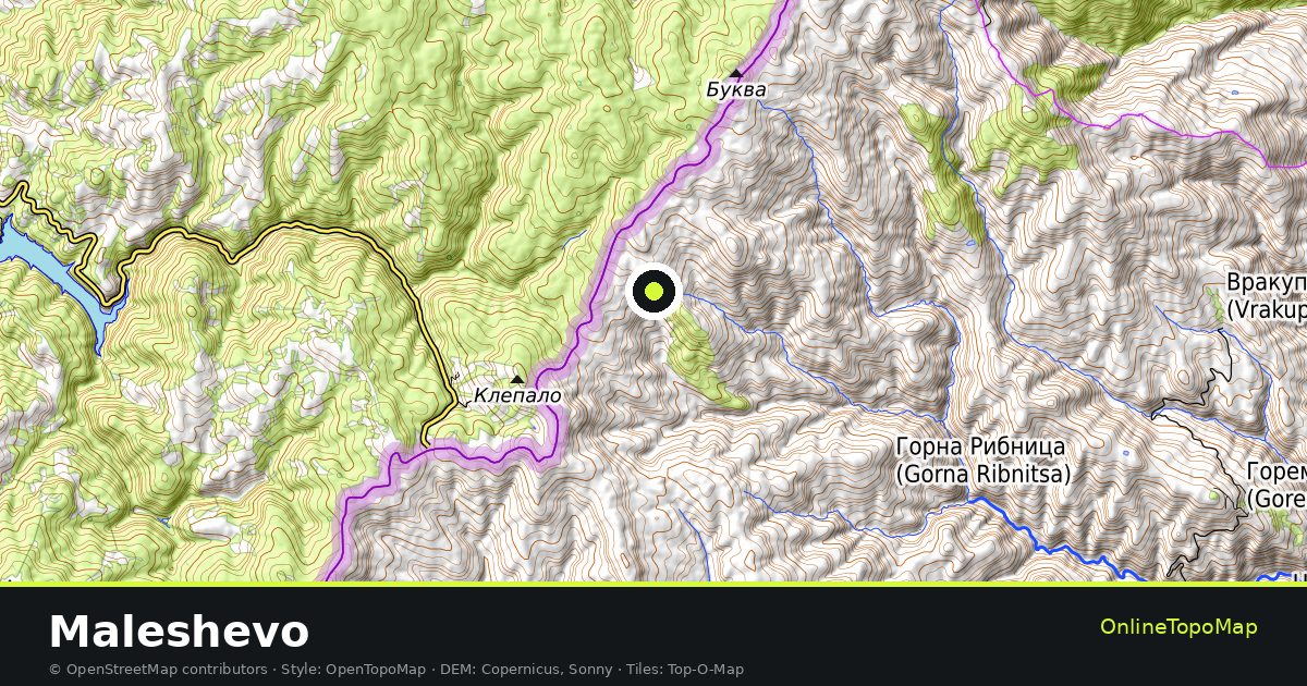 Topographic map of Maleshevo with contour lines and hillshading