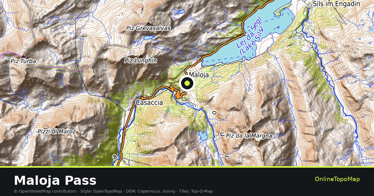 Topographic map of Maloja Pass with contour lines and hillshading
