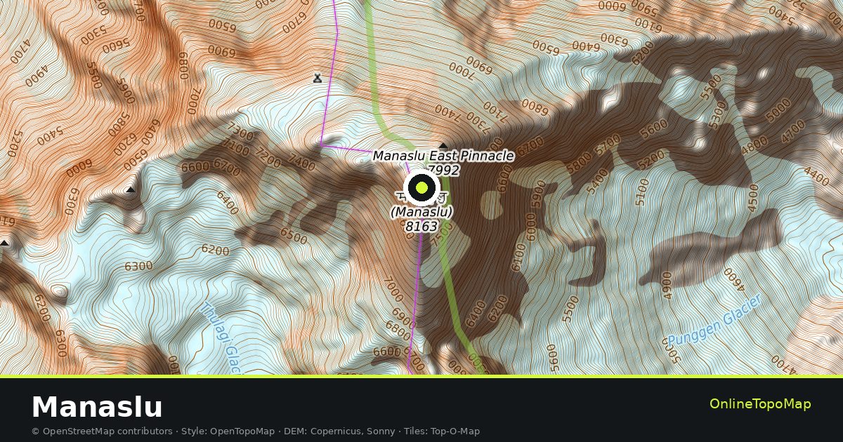 Topographic map of Manaslu with contour lines and hillshading