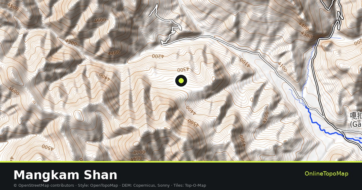 Topographic map of Mangkam Shan with contour lines and hillshading