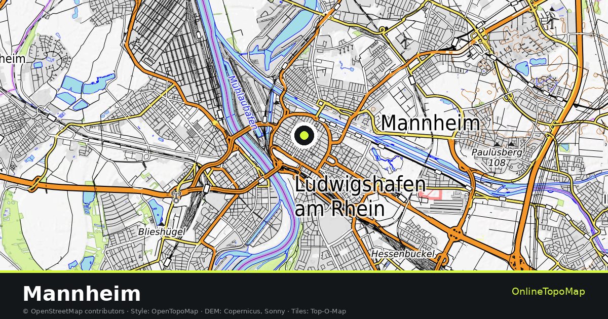 Topographic map of Mannheim with contour lines and hillshading