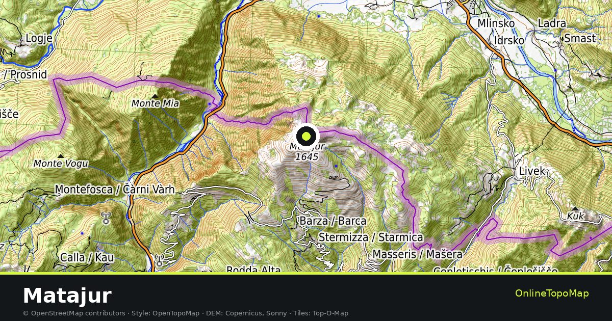 Topographic map of Matajur with contour lines and hillshading