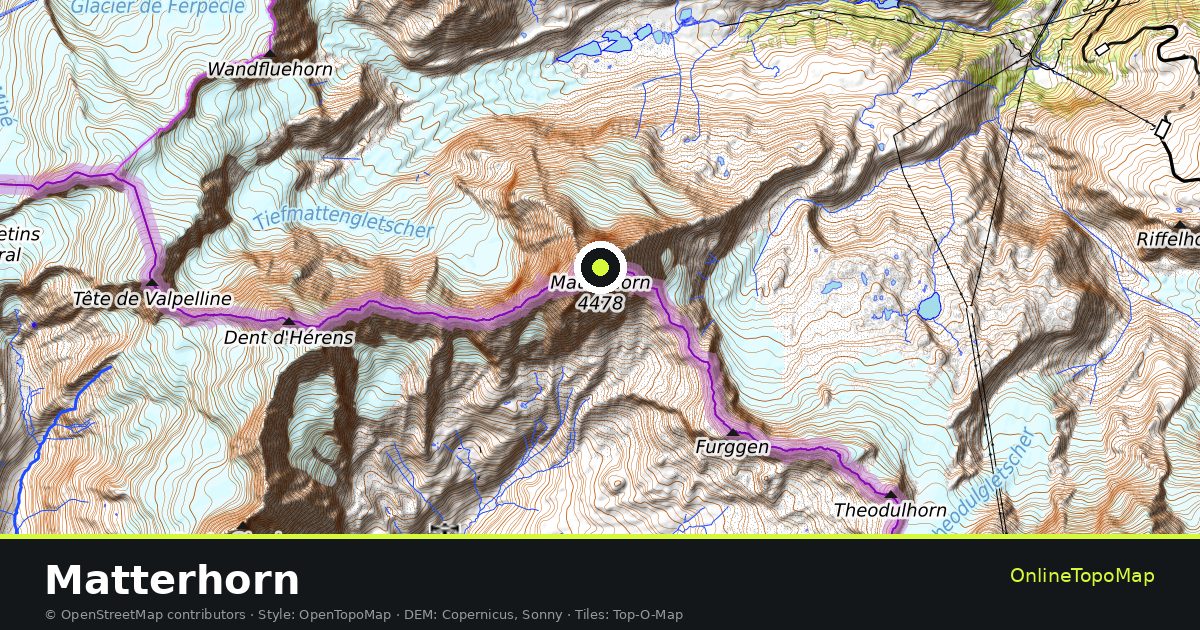 Topographic map of Matterhorn with contour lines and hillshading