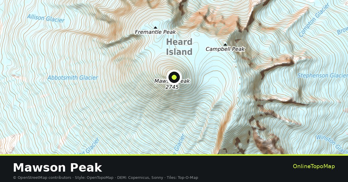 Topographic map of Mawson Peak with contour lines and hillshading