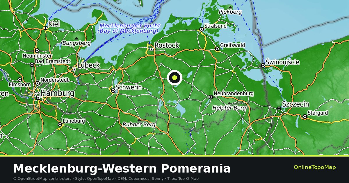 Topographic map of Mecklenburg-Western Pomerania with contour lines and hillshading