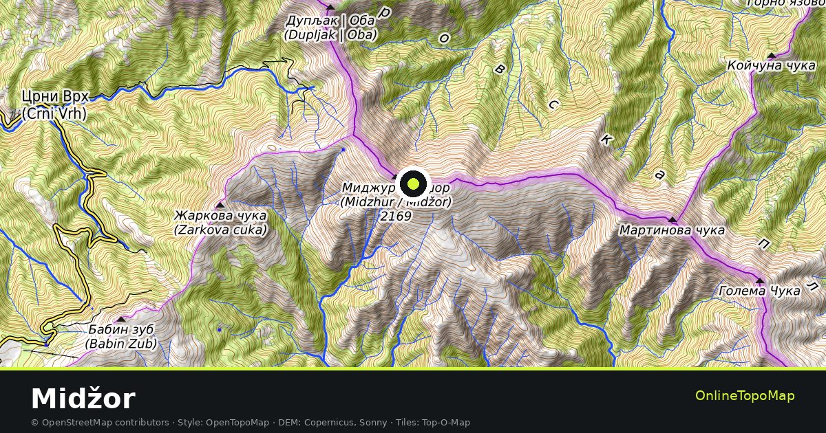 Topographic map of Midžor with contour lines and hillshading