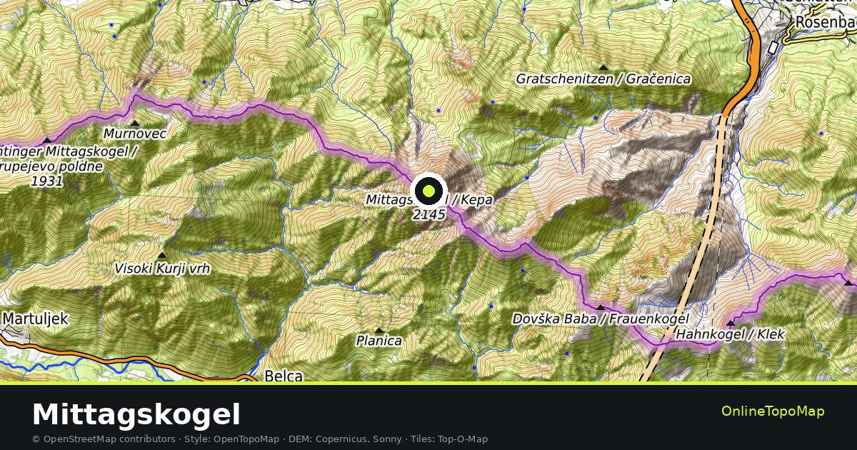 Topographic map of Mittagskogel with contour lines and hillshading
