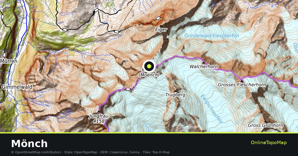 Topographic map of Mönch with contour lines and hillshading