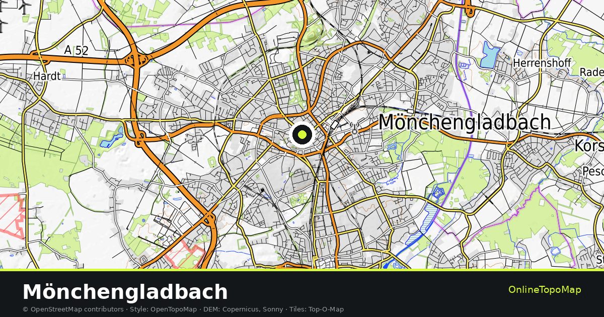 Topographic map of Mönchengladbach with contour lines and hillshading