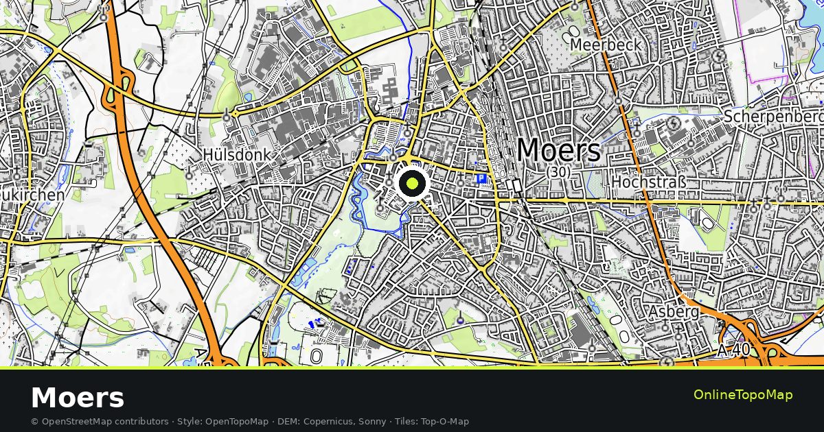 Topographic map of Moers with contour lines and hillshading