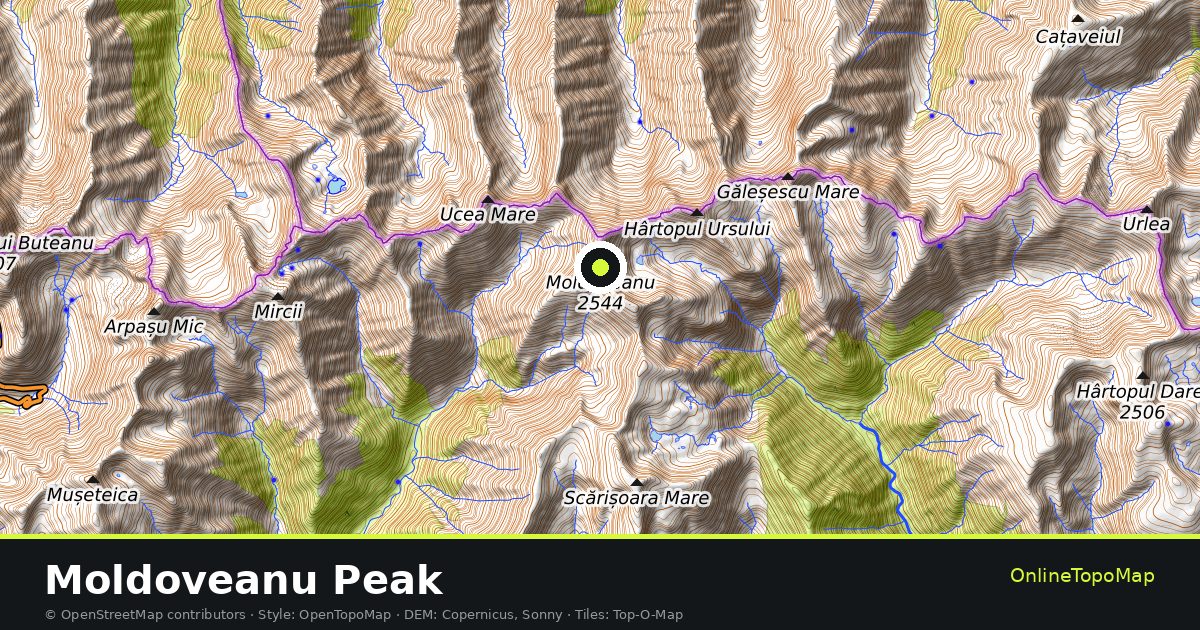 Topographic map of Moldoveanu Peak with contour lines and hillshading