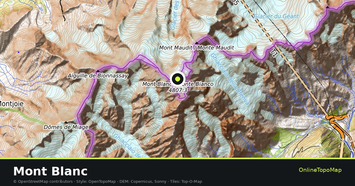 Topographic map of Mont Blanc with contour lines and hillshading